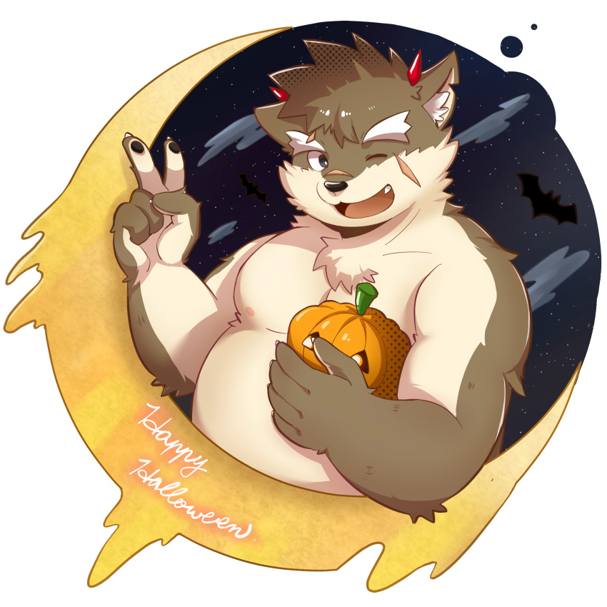 1:1 anthro belly canid canine canis devil_costume domestic_dog eyebrows halloween hi_res holidays horn jack-o'-lantern junxiong_0814 lifewonders male mammal moritaka nipples one_eye_closed overweight overweight_male pecs scar slightly_chubby solo thick_eyebrows tokyo_afterschool_summoners video_games wink