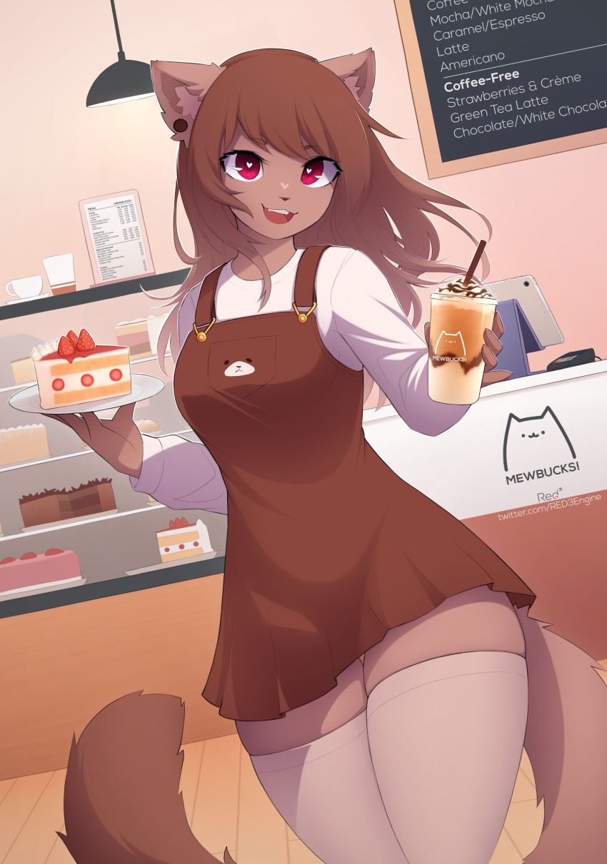 &lt;3 &lt;3_eyes &lt;3_pupils 2021 absolute_territory absurd_res anthro brown_body brown_fur brown_hair cake clothed clothing container cup dessert detailed_background domestic_cat dutch_angle english_text felid feline felis female food fruit fully_clothed fur hair hi_res holding_cup holding_food holding_object inner_ear_fluff legwear mammal open_mouth open_smile plant red3engine red_eyes signature smile solo stockings strawberry text thigh_highs tuft url