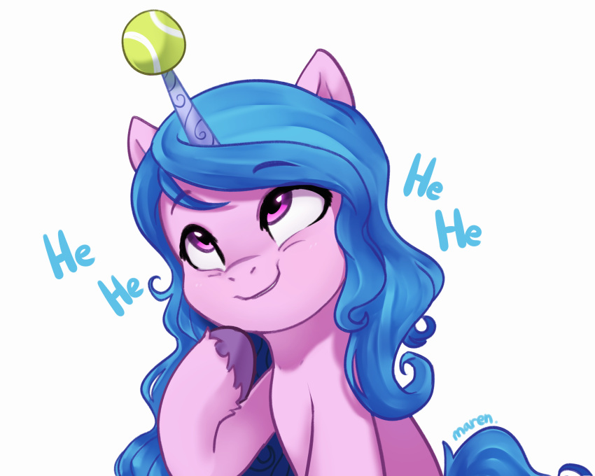 absurd_res ball blue_hair equid equine female hair hasbro hi_res horn izzy_moonbow_(mlp) laugh mammal marenlicious mlp_g5 my_little_pony purple_eyes simple_background tennis_ball unicorn white_background