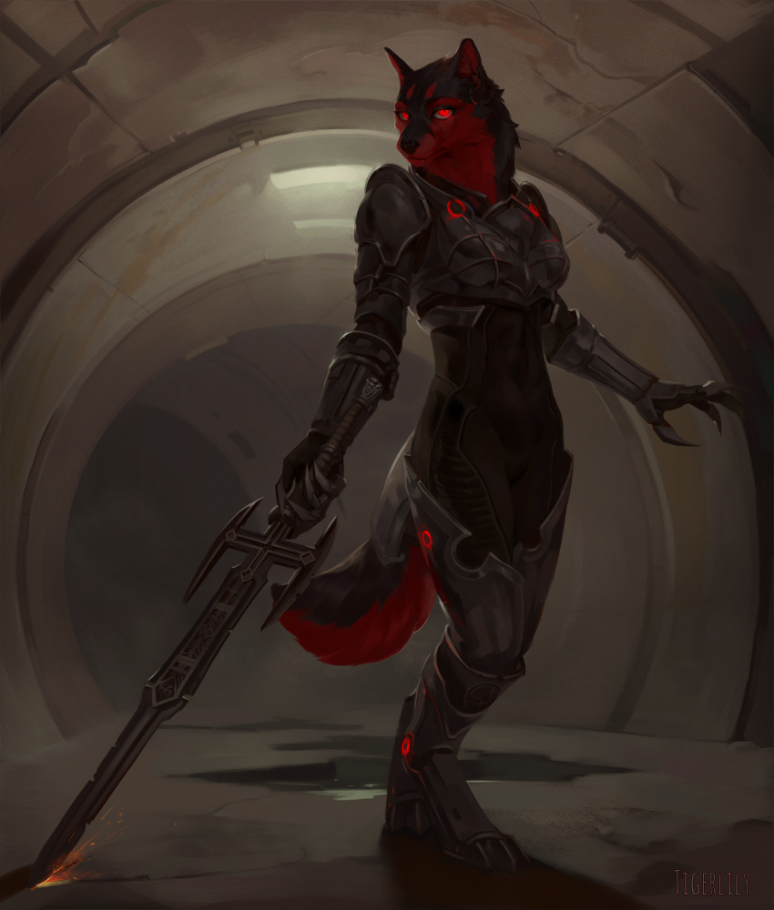 2021 absurd_res anthro armor black_body black_fur black_nose canid canine claws clothed clothing digital_media_(artwork) digitigrade english_text female flagship_studios fully_clothed fur glowing glowing_eyes hellgate_london hi_res looking_at_viewer mammal melee_weapon outside puddle red_body red_eyes red_fur science_fiction solo sparks standing sword templar text tigerlily_(artist) tunnel weapon zoe_(nnecgrau)
