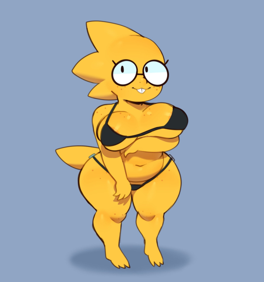 alphys anthro areola arm_under_breasts belly big_breasts bikini breasts buckteeth clothed clothing deep_navel eyewear female freckles front_view glasses hi_res lizard looking_at_viewer navel non-mammal reptile scales scalie short_stack simple_background skimpy slightly_chubby slip smile solo somescrub standing swimwear teeth thick_tail thick_thighs undertale undertale_(series) video_games wide_hips yellow_body yellow_scales