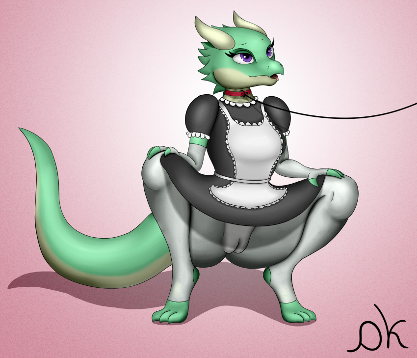 absurd_res anthro clothed clothing collar crouching demonkussh female genitals hi_res horn kobold leash legwear maid_uniform paws peach_pussy pussy simple_background solo stockings uniform