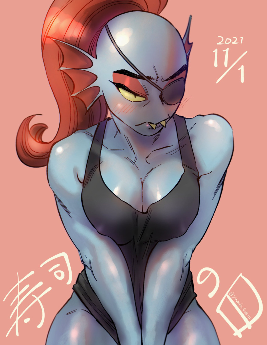 animal_humanoid athletic athletic_female athletic_humanoid blue_body blue_skin blush bottomless breasts cleavage clothed clothing ear_fins eye_patch eyewear female fin fish fish_humanoid hair hi_res humanoid marine marine_humanoid nipple_outline pupils red_hair shirt slit_pupils solo tank_top teeth topwear topwear_only undertale_(series) undyne yellow_sclera yuzuki_fang111