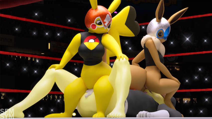 16:9 3d_(artwork) anthro balls big_butt bodily_fluids breasts butt clothing cosplay_pikachu_(costume) cum cunnilingus digital_media_(artwork) eevee ejaculation facesitting female female_penetrated friendship_is_magic genital_fluids genitals group hasbro hi_res male male/female male_penetrating male_penetrating_female my_little_pony nintendo nude on_bottom on_top open_mouth oral penetration penis pikachu pikachu_libre pok&eacute;mon pok&eacute;mon_(species) pussy reverse_cowgirl_position rory_kenneigh sex symm vaginal video_games widescreen
