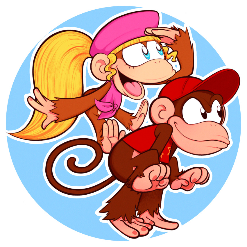 1:1 2020 4_fingers 4_toes absurd_res anthro barefoot blonde_hair blue_eyes bottomless brown_body brown_fur clothed clothing diddy_kong dixie_kong donkey_kong_(series) duo feet female fingers fur hair haplorhine hat headgear headwear hi_res long_hair male mammal monkey nintendo open_mouth open_smile ponytail prehensile_feet primate shirt simple_background smile toes tongue toony topwear veronicaandjelly video_games