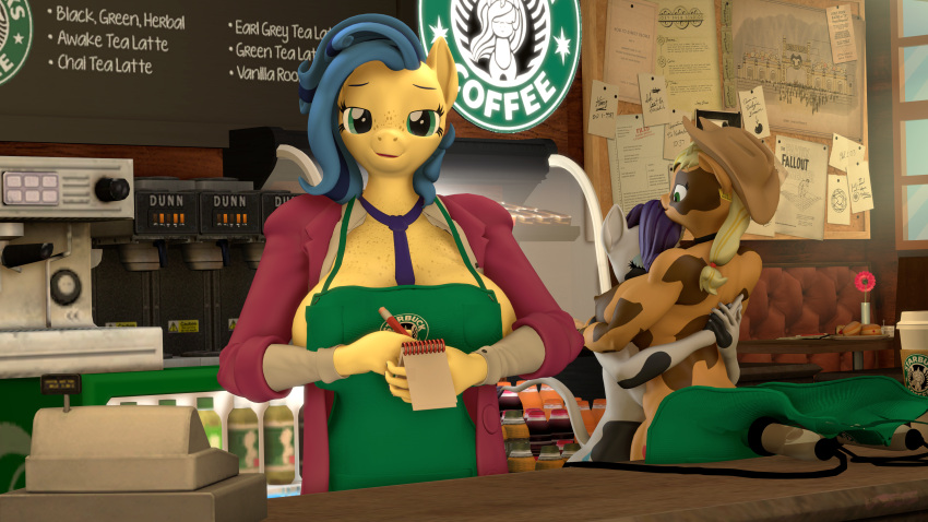 16:9 3d_(artwork) 4k absurd_res anthro anthrofied applejack_(mlp) apron bell big_breasts bovid bovine breasts cattle clothed clothing collar cowbell cowboy_hat digital_media_(artwork) ear_tag earth_pony embrace english_text equid equine fan_character female female/female freckles friendship_is_magic green_eyes hair hasbro hat headgear headwear hi_res horse hug hybrid i_mean_breast_milk long_hair mammal meme milky_way_(character) my_little_pony necktie nipples notebook pony rarity_(mlp) silkworm205 text widescreen