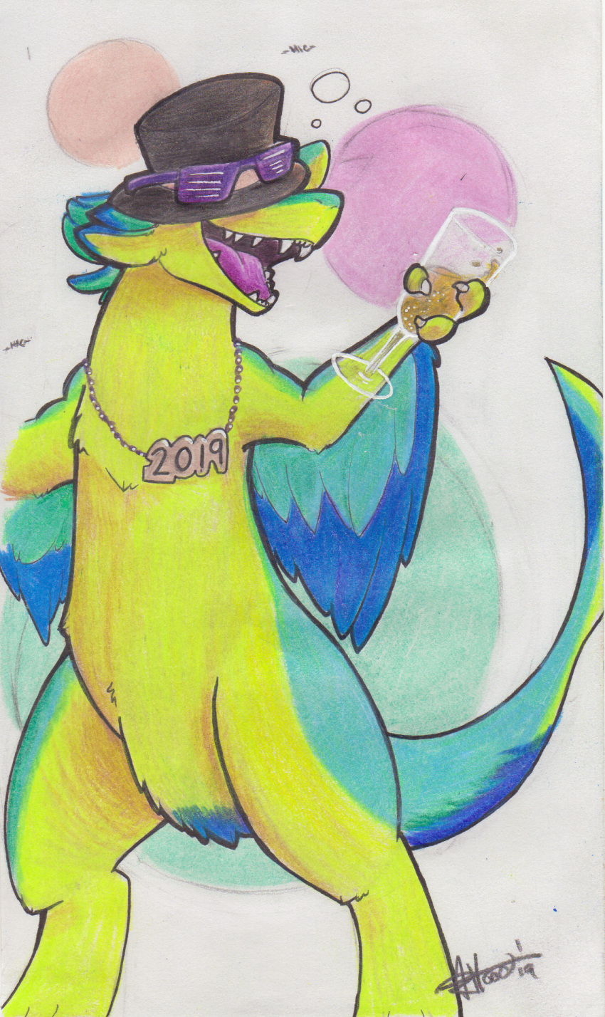 4_ears alcohol anthro avali avali_(original) beverage blue_body blue_feathers bubble champagne countershading dewclaw digitigrade drunk drunk_bubble feathered_wings feathers female green_body hi_res luvashi multi_ear new_years_eve scruffasus solo substance_intoxication winged_arms wings