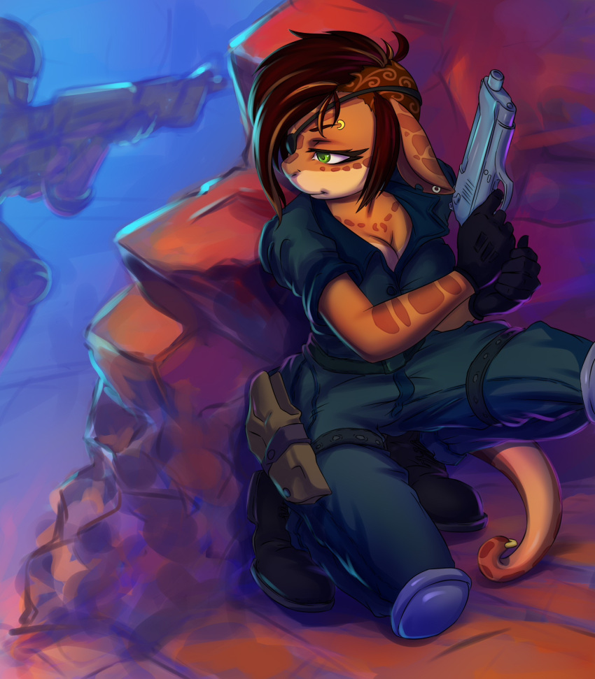 anthro armor battle breasts cleavage clothed clothing crouching ear_piercing ear_ring eye_patch eyebrow_piercing eyebrow_ring eyewear facial_piercing female furgonomics furry-specific_piercing gloves green_eyes gun handgun handwear hi_res knee_pads piercing pistol prisma6 ranged_weapon solo tail_piercing weapon