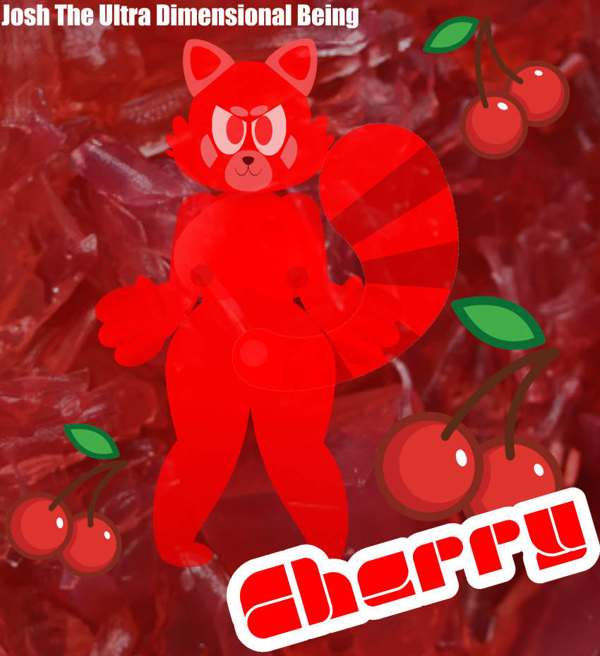 absurd_res ailurid anthro big_tail cherry dessert detailed_background english_text female food food_creature fruit gelatin hi_res humanoid jell-o jelly_(food) josh_the_ultra_dimensional_being mammal nipples nude plant red_body red_eyes red_panda solo text translucent
