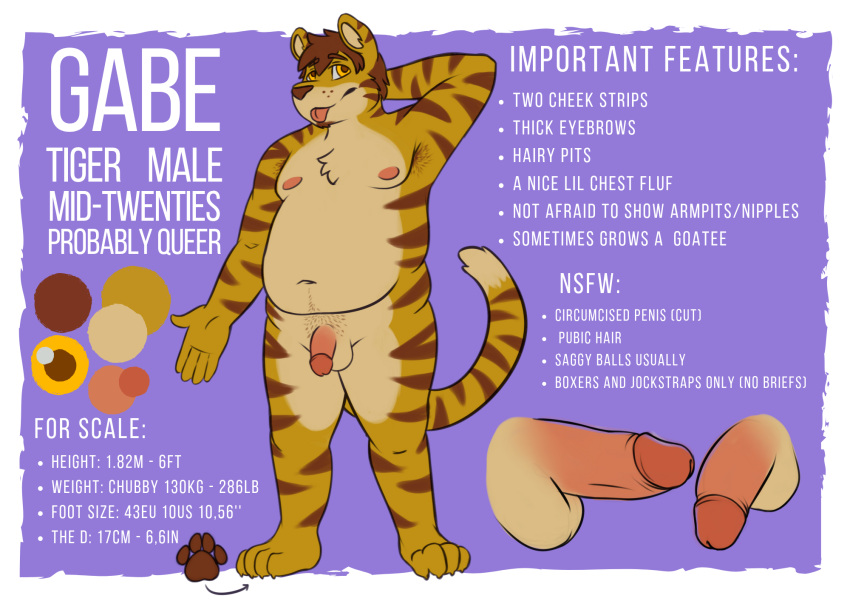 2019 anthro balls chubby_male circumcised english_text erection gabe_(mytigertail) genitals hand_behind_head hi_res humanoid_genitalia humanoid_penis male model_sheet mytigertail nude penis solo standing text tongue tongue_out