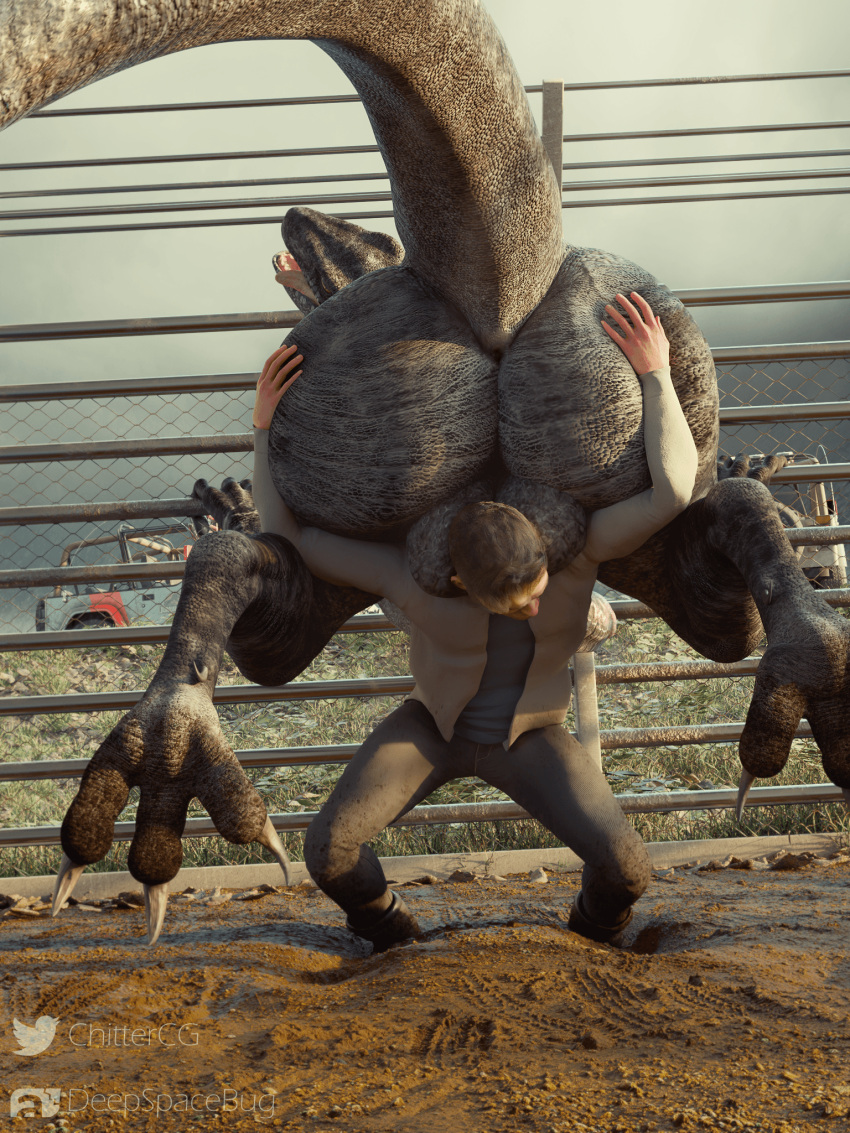 3:4 3d_(artwork) anus balls big_balls big_butt butt butt_grab claws deepspacebug digital_media_(artwork) dinosaur dromaeosaurid duo feral genitals hand_on_butt hi_res huge_balls huge_butt human jurassic_park jurassic_world larger_male male male/male mammal reptile scalie sharp_teeth size_difference smaller_male teeth theropod thick_tail thick_thighs tongue tongue_out universal_studios wide_hips