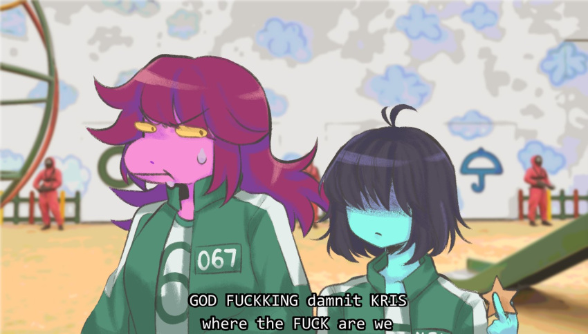 2021 anthro bodily_fluids caption clothed clothing deltarune dinosaur duo english_text female guard_(squid_game) hair hi_res human humor inside kris_(deltarune) kris_where_are_we long_hair male mammal meme parody profanity purple_body purple_hair real reptile sashabun scalie screencap screencap_background squid_game star susie_(deltarune) sweat sweatdrop text undertale_(series) video_games