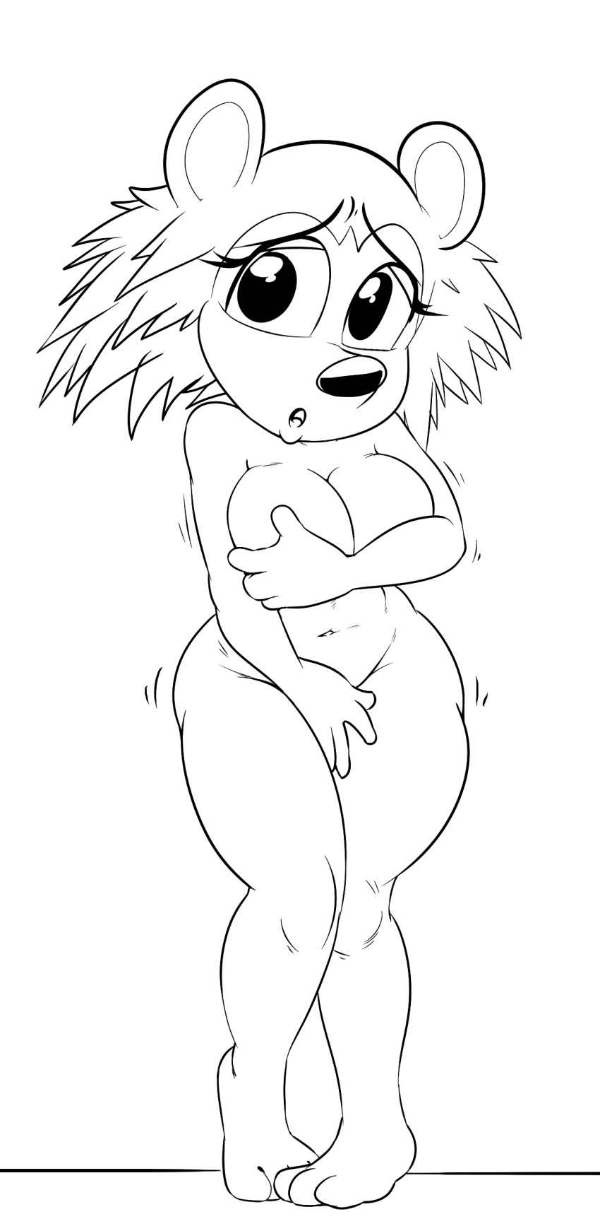 absurd_res animal_crossing anthro barefoot big_breasts breasts byondrage covering covering_breasts covering_crotch embarrassed eulipotyphlan feet female hedgehog hi_res looking_at_viewer mammal monochrome navel nintendo nude sable_able solo video_games wide_hips