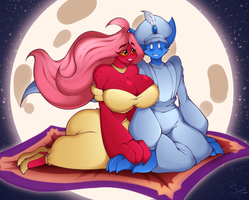 2019 absurd_res anthro artist_name big_breasts big_hands blue_body blue_fur blush breasts canid canine carpet cleavage clothed clothing cosplay curvy_figure detailed_background digital_media_(artwork) disney disney's_aladdin dress duo eyelashes feet female fingers footwear fox freckles freckles_on_breasts fur hair hi_res hourglass_figure huge_breasts humanoid kili_(kilinah) kyoob_(thegentlebro) long_hair magic_carpet male mammal mimic moon night no_pupils pink_hair red_body red_skin shoes shoulder_freckles signature simple_eyes sitting smile superix teeth thick_thighs voluptuous wide_hips yellow_sclera