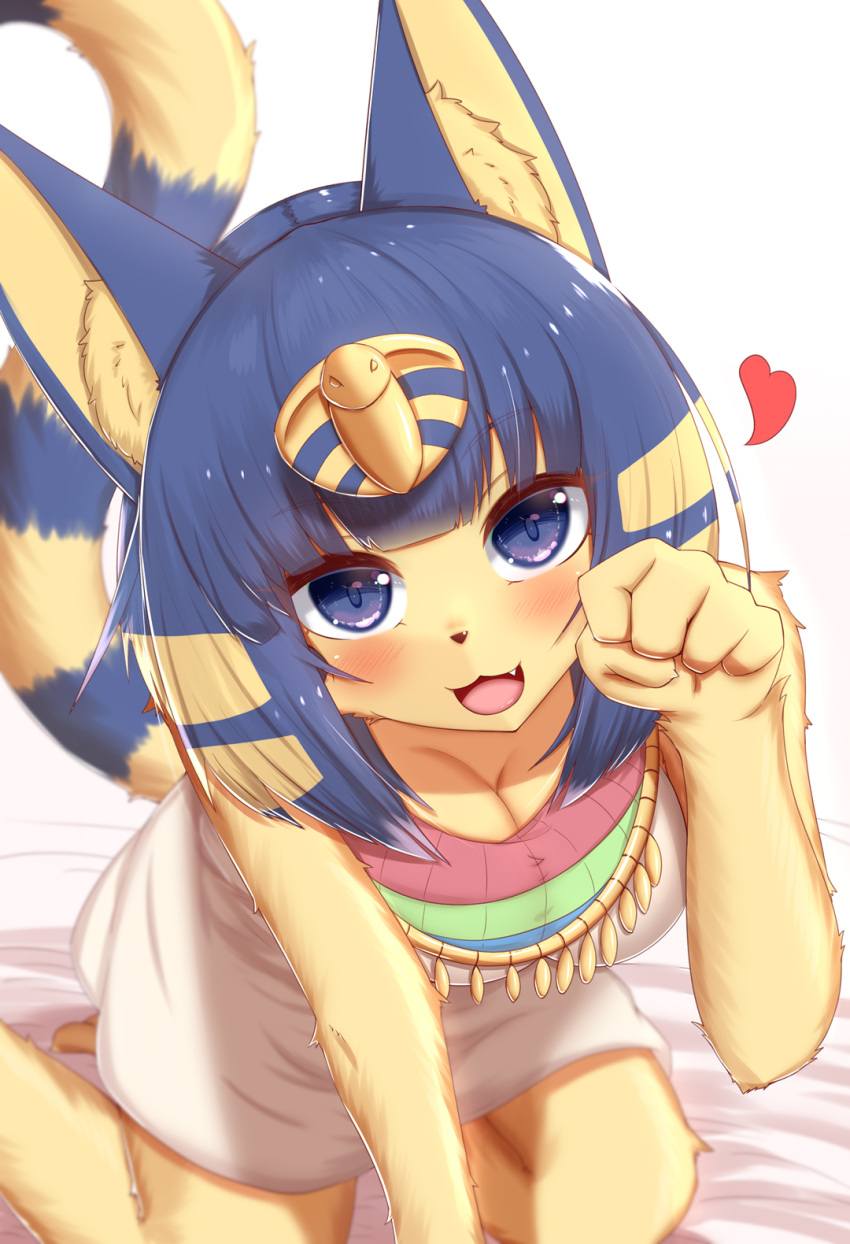 &lt;3 2021 5_fingers animal_crossing ankha_(animal_crossing) anthro big_breasts blonde_hair blue_body blue_eyes blue_fur blue_hair blush breasts cleavage clothed clothing cute_fangs domestic_cat egyptian felid feline felis female fingers fur gesture hair hi_res horokusa0519 inner_ear_fluff kemono kneeling looking_at_viewer mammal multicolored_body multicolored_fur multicolored_hair multicolored_tail nintendo open_mouth open_smile paw_pose pose short_hair smile solo tongue tuft video_games yellow_body yellow_fur