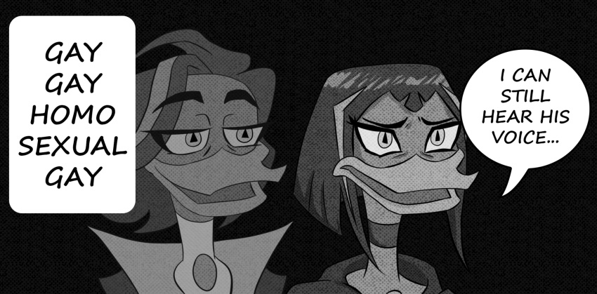 2021 anatid anseriform anthro avian bird black_background brother brother_and_sister clothed clothing dialogue disney duck ducktales ducktales_(2017) duo english_text female hi_res humor i_can_still_hear_his_voice long_neck lunameimei magica_de_spell male meme monochrome poe_de_spell sibling simple_background sister speech_bubble text