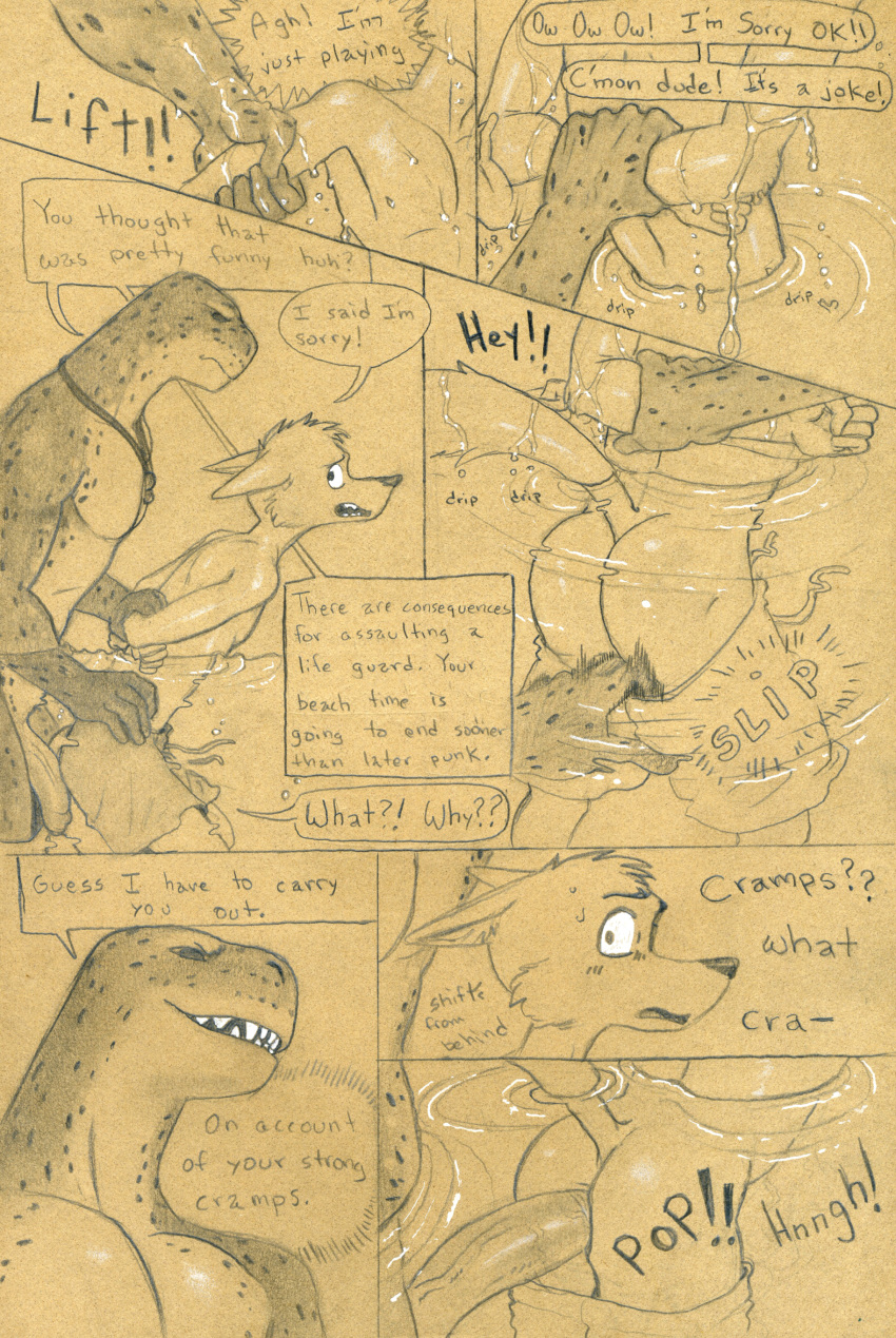 absurd_res anal anal_penetration anthro assisted_exposure canid canine canis clothing comic coyote english_text genitals hi_res leopard_seal male male/male mammal marine penetration penis pinniped questionable_consent seal swimming_trunks swimwear text tush undressing undressing_another until_they_like_it
