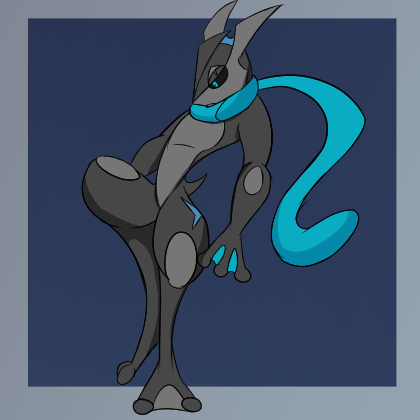 1:1 amphibian anthro azurebird black_sclera blue_background blue_eyes digitigrade featureless_crotch frog greninja grey_body grey_skin hi_res long_tongue looking_down male ninja nintendo nude on_one_leg pok&eacute;mon pok&eacute;mon_(species) scar shiny_pok&eacute;mon side_b side_beta_(greninja) simple_background solo standing tongue tongue_out video_games warrior