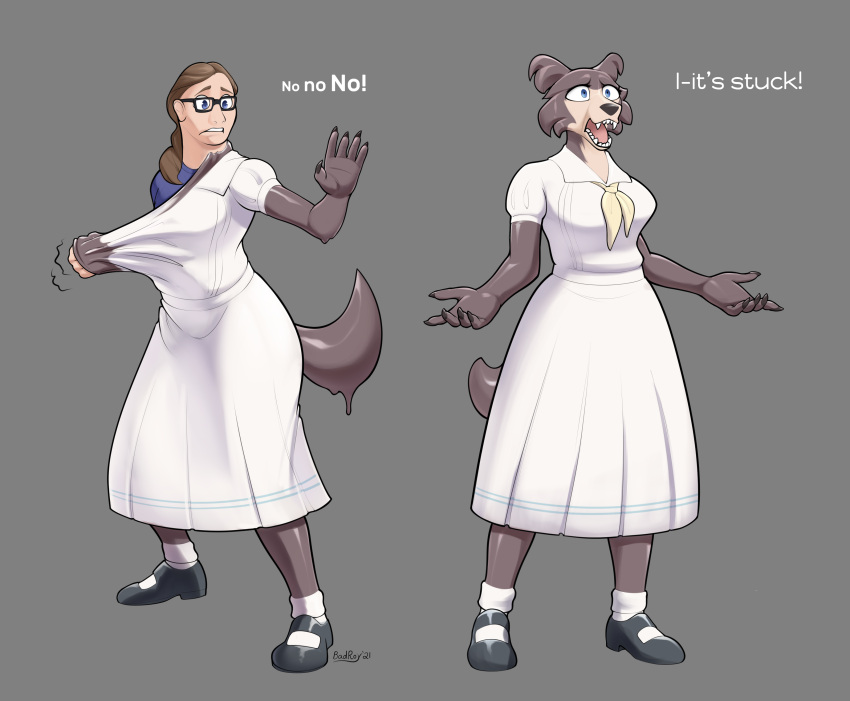 absurd_res anthro badroy beastars bound canid canine canis clothed clothing dress encasement female gender_transformation goo_(disambiguation) goo_transformation hi_res human juno_(beastars) mammal sailor_uniform solo species_transformation stuck tf_into_fictional_character transformation white_clothing white_dress wolf