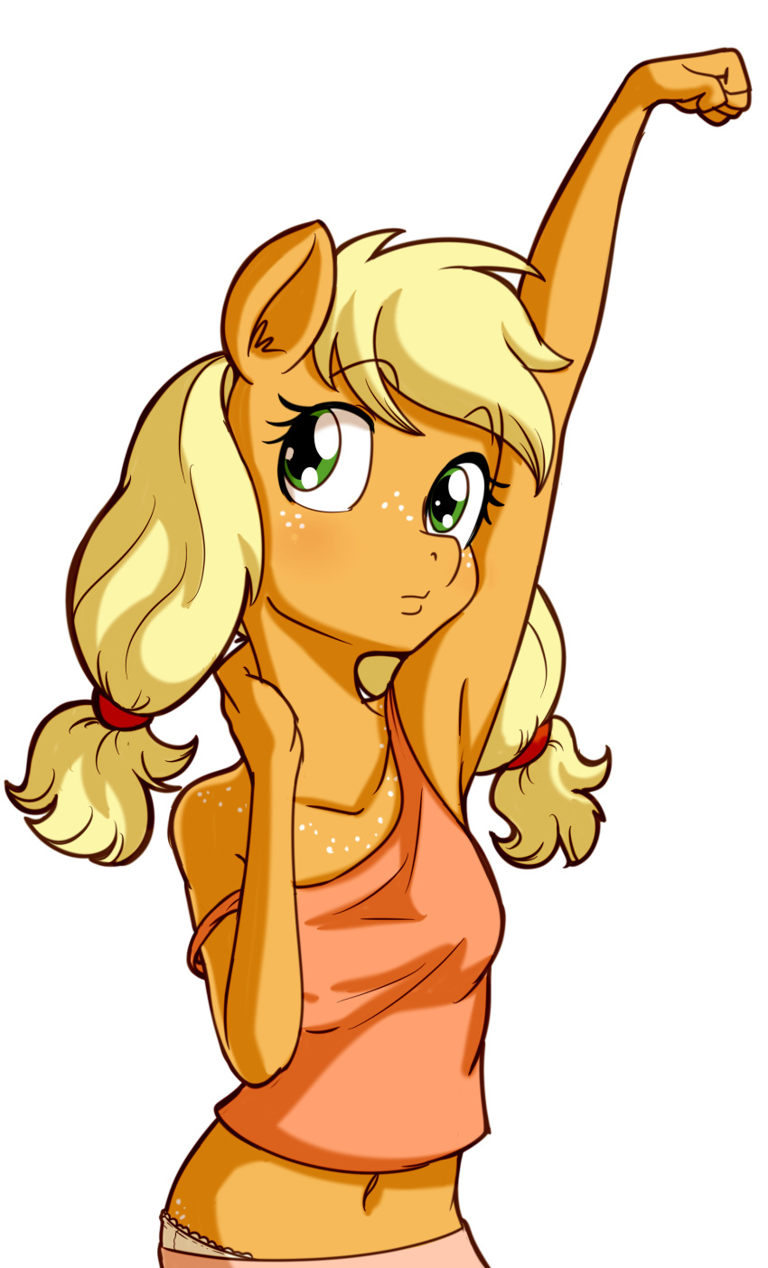 2021 absurd_res alpha_channel anibaruthecat anthro applejack_(mlp) clothed clothing equid eyelashes female fingers friendship_is_magic green_eyes hi_res mammal my_little_pony navel off_shoulder simple_background solo transparent_background