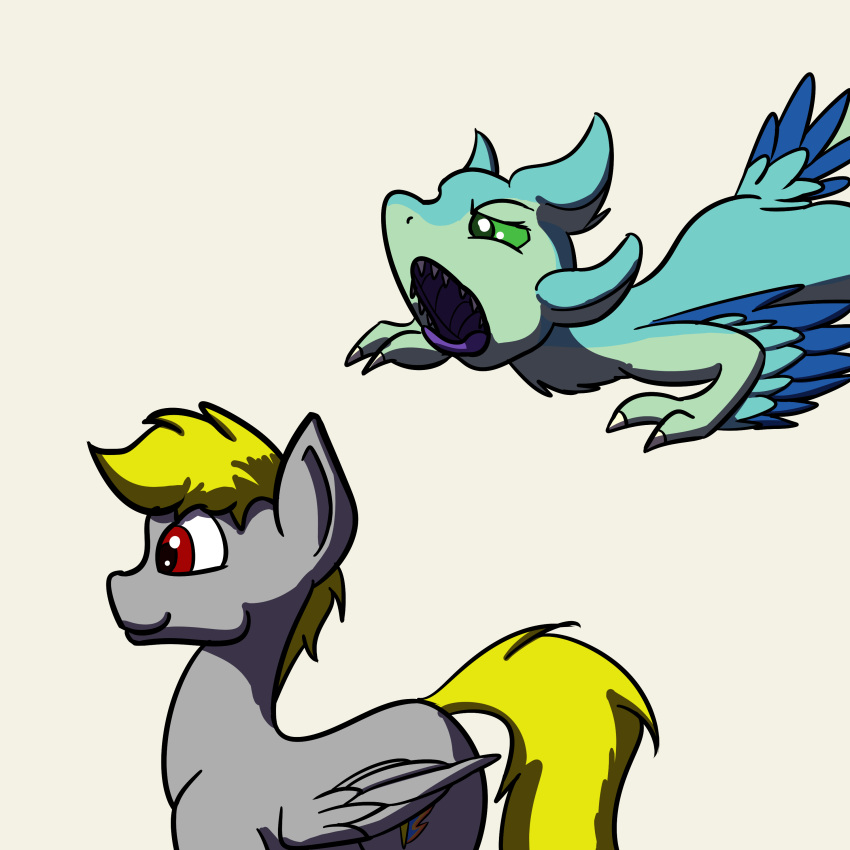 1:1 4_ears absurd_res anthro avali avali_(original) blue_body blue_feathers countershading cutie_mark duo equid equine feathered_crest feathered_wings feathers female feral flashyscloset green_body green_eyes grey_body gyrotech hasbro head_crest hi_res lightning_flash_(oc) luvashi mammal mane multi_ear my_little_pony open_mouth pegasus pounce red_eyes winged_arms wings