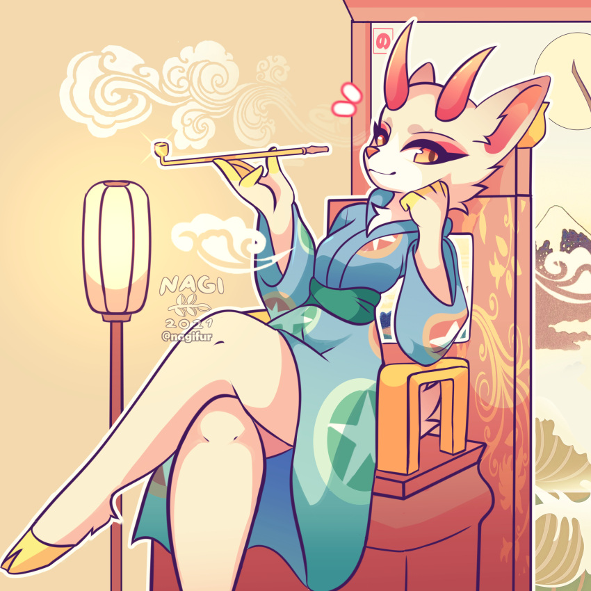 1:1 2021 absurd_res animal_crossing anthro asian_clothing cervid clothed clothing crossed_legs digital_media_(artwork) east_asian_clothing female fur hi_res japanese_clothing kimono mammal nagifur nintendo shino_(animal_crossing) smoking smoking_pipe solo video_games