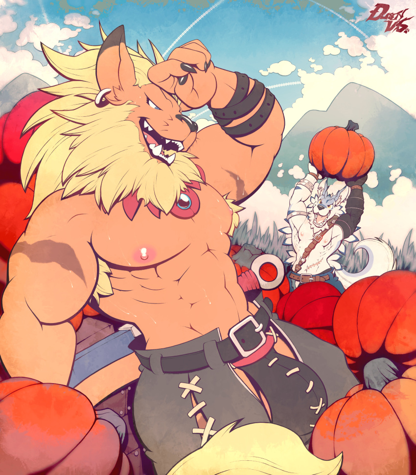 absurd_res armpit_hair bandai_namco beard blonde_hair blue_eyes body_hair bulge clothed clothing digimon digimon_(species) duo ear_piercing eddy_dusty facial_hair food fruit hair hi_res jockstrap leomon male mane muscular nipples piercing plant pumpkin scar serratus smile topless underwear weregarurumon