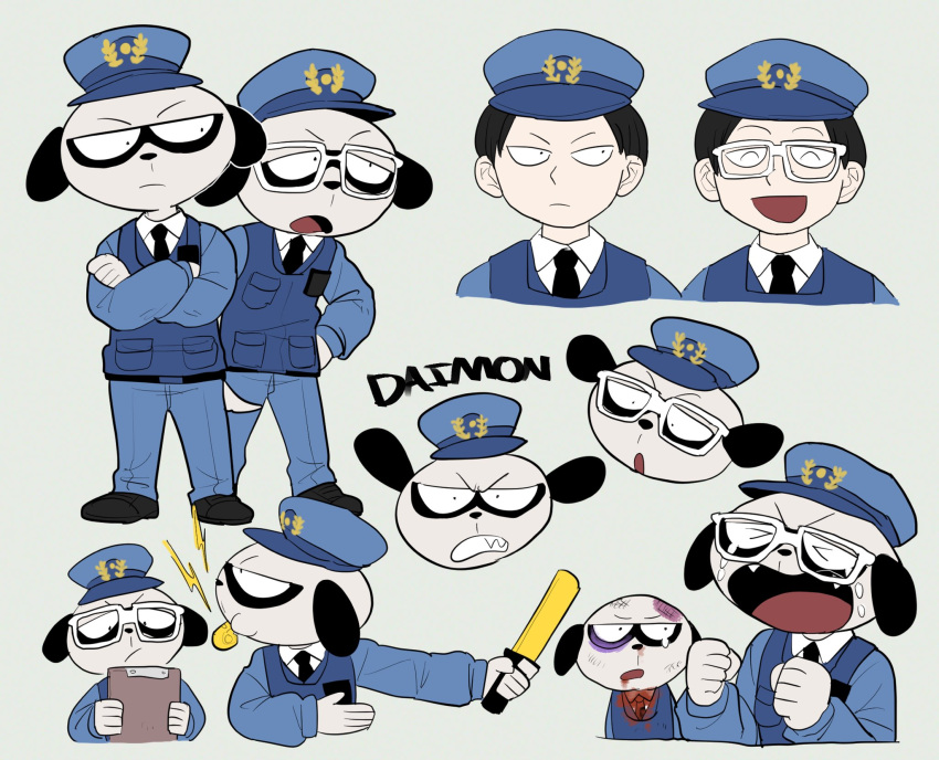 alternate_species angry anthro black_eye_(injury) bodily_fluids brother brothers clothing crying duo eyewear glasses hat headgear headwear herpestid hi_res human humanized kenshiro_daimon_(odd_taxi) koshiro_daimon_(odd_taxi) male mammal meerkat odd_taxi odr3 police_uniform sibling tears uniform