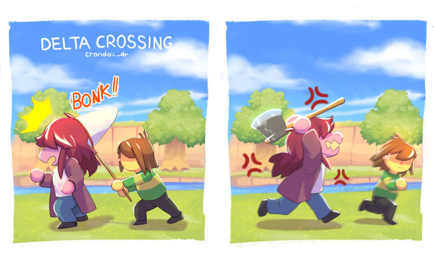 ambiguous_gender angry animal_crossing anthro axe bottomwear brown_hair chase clothing cloud cloudy coat crandoii cross-popping_vein deltarune denim denim_clothing duo female hair hair_over_eyes hi_res human jacket jeans kris_(deltarune) mammal melee_weapon net nintendo pants parody pattern_clothing pattern_sweater pattern_topwear plant purple_body purple_hair purple_skin reptile river running scalie sky smack stitch_(disambiguation) striped_clothing striped_sweater striped_topwear stripes style_parody susie_(deltarune) sweater topwear tree undertale_(series) video_games water weapon yellow_body yellow_skin