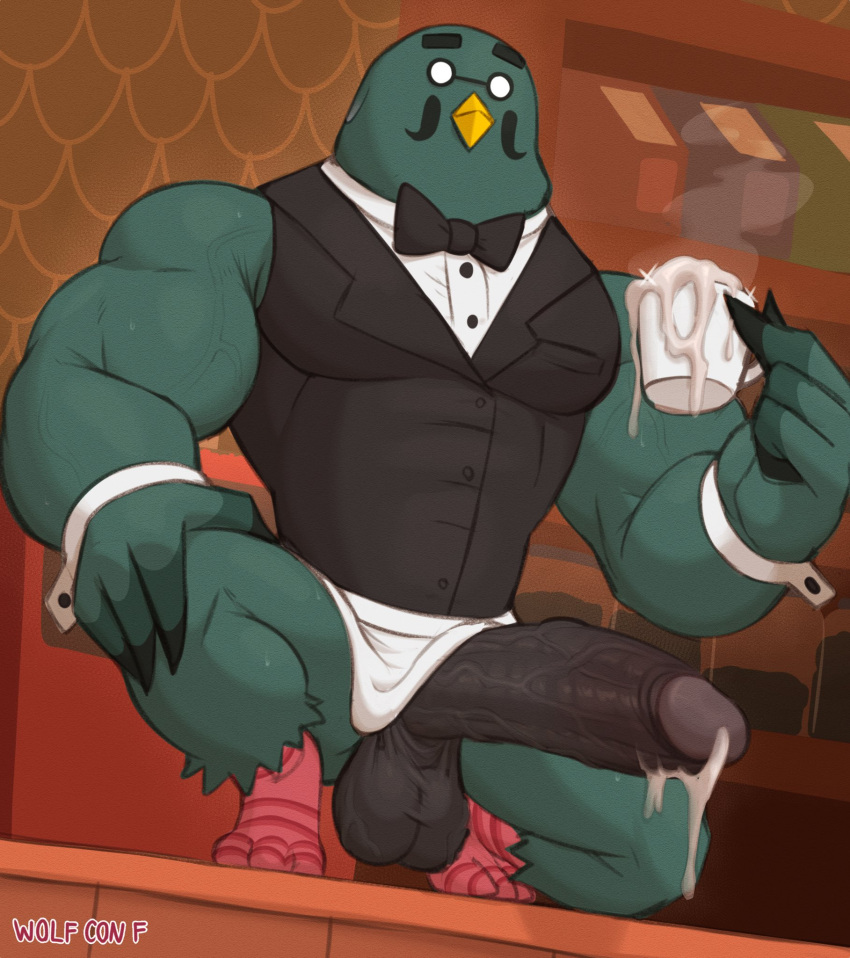 2021 animal_crossing anthro avian balls bird bodily_fluids bow_tie brewster_(animal_crossing) clothing columbid crouching cum cum_drip cum_in_a_cup detailed_background dripping erection genital_fluids genitals hi_res humanoid_genitalia humanoid_penis inside male mug muscular muscular_male nintendo penis pigeon shirt solo topwear video_games wolf-con-f