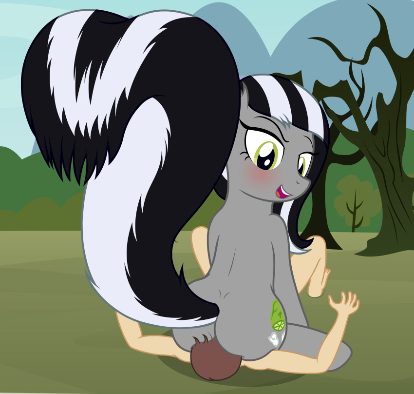 absurd_res badumsquish bestiality big_tail blush butt cutie_mark dead_tree detailed_background dominant dominant_female facesitting female female_on_human feral fluffy fluffy_tail friendship_is_magic generic_messy_hair_anime_anon green_eyes hasbro hi_res human human_on_feral hybrid interspecies limestone_pie_(mlp) male male/female male_on_feral mammal mephitid my_little_pony outside plant quadruped raised_tail skunk struggling tree