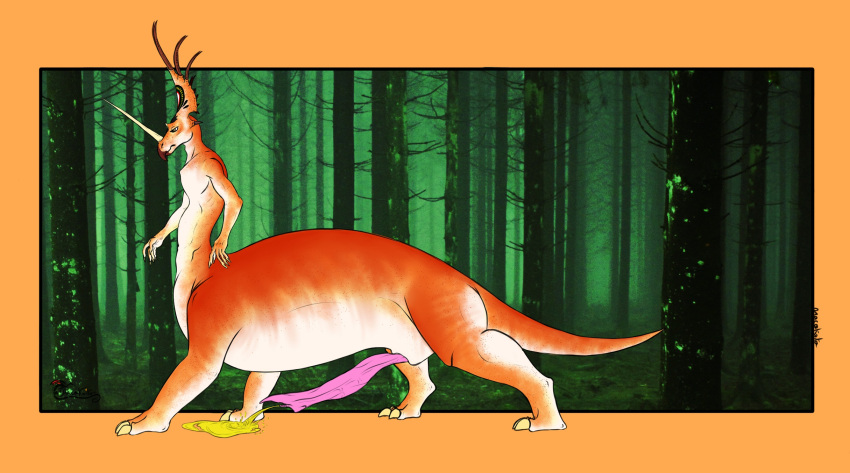 anthro big_penis bodily_fluids ceratopsian ceratopsien digital_media_(artwork) dinosaur dracokaito dracokaitonsfw erection genital_fluids genitals hi_res hybrid male mammal orange_body ornithischian penis pink_penis reptile scalie sketch solo styracosaurus taur unusual_anatomy unusual_genitalia unusual_penis urine urine_on_ground urine_stream urophilia white_body