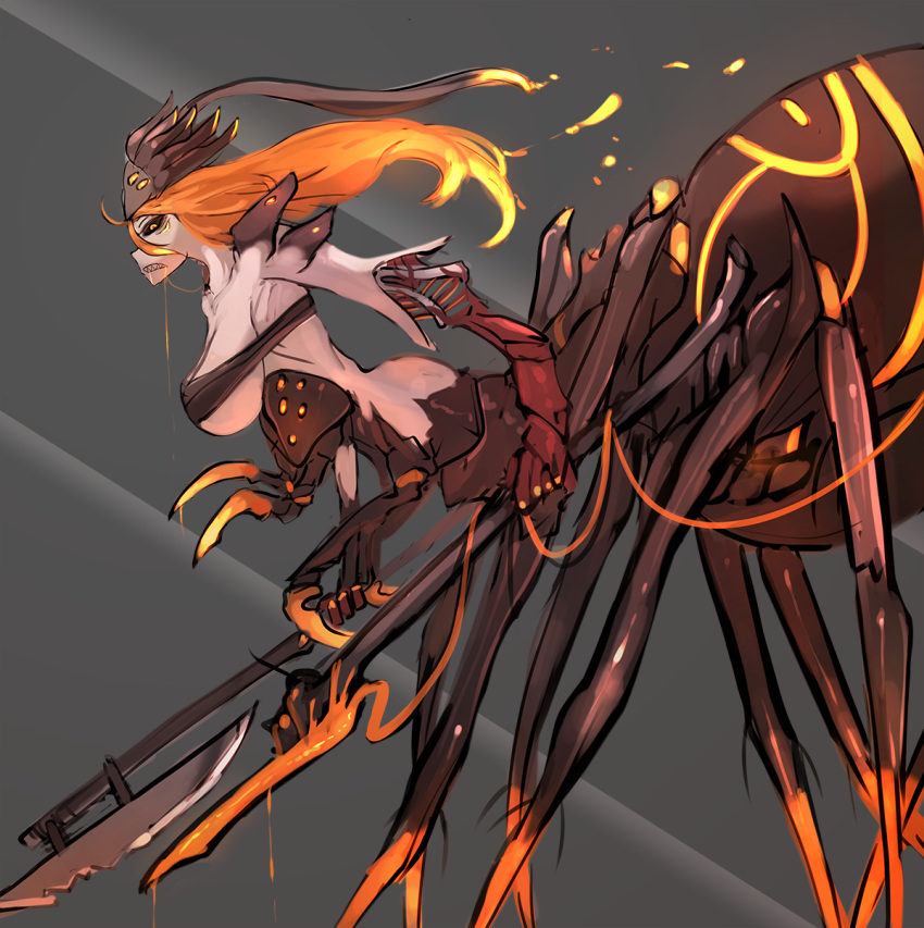 anderhorlo arachnid arthropod big_breasts black_sclera blade bodily_fluids breasts by-nc-nd creative_commons female fire flaming_hair hair hi_res holding_object holding_weapon open_mouth pseudo_hair red_hair saliva solo tagme weapon yellow_eyes