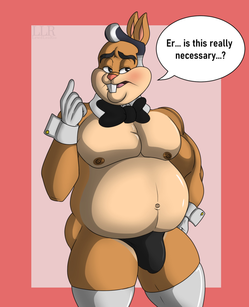 anthro belly big_belly blush bow_tie buckteeth bulge clothed clothing collar dialogue digital_media_(artwork) english_text gloves hair hand_on_hip handwear hi_res klr-rio lagomorph legwear leporid looking_away looney_tunes male mammal nipples open_mouth overweight overweight_anthro overweight_male rabbit simple_background skimpy solo speech_bubble stockings teeth text thong underwear walter_bunny warner_brothers