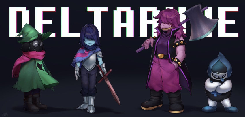 anthro armband armor axe biped black_body black_fur boots bovid caprine clothing crossed_arms darkner deltarune english_text eyewear female footwear fur glasses goat group hair hair_over_eyes hat headgear headwear hi_res holding_object holding_weapon human kinobou kris_(deltarune) lancer_(deltarune) male mammal melee_weapon ralsei scalie scarf smile susie_(deltarune) sword teeth text undertale_(series) video_games weapon wizard_hat young