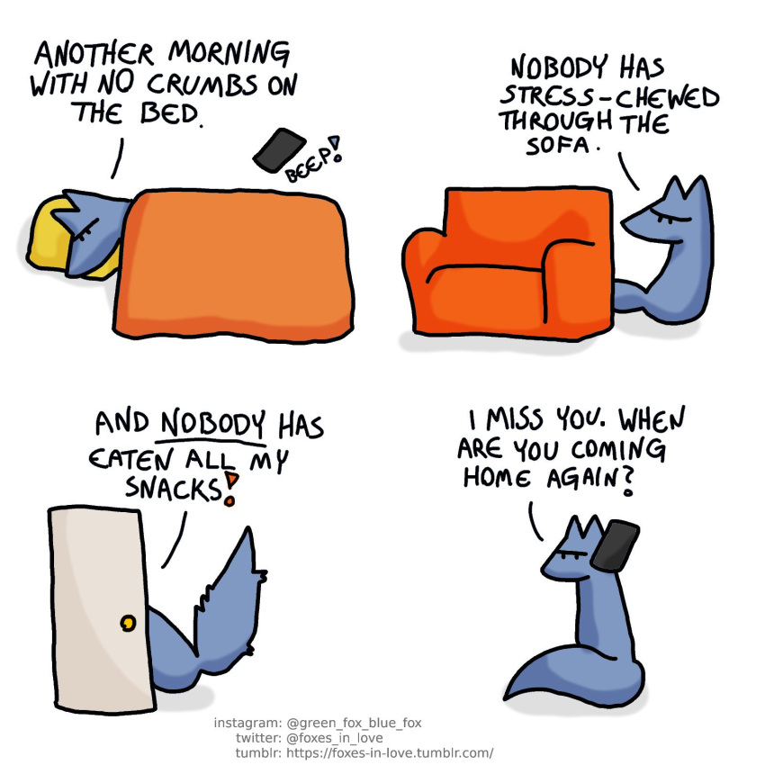 1:1 2021 annoyed bed blue_body blue_fox_(foxes_in_love) blue_fur blue_tail canid canine cellphone comic dialogue door duo english_text feral fox foxes_in_love fur furniture green_body green_fur green_tail hi_res male_(lore) mammal on_bed phone shadow simple_background smartphone sofa text under_covers url white_background