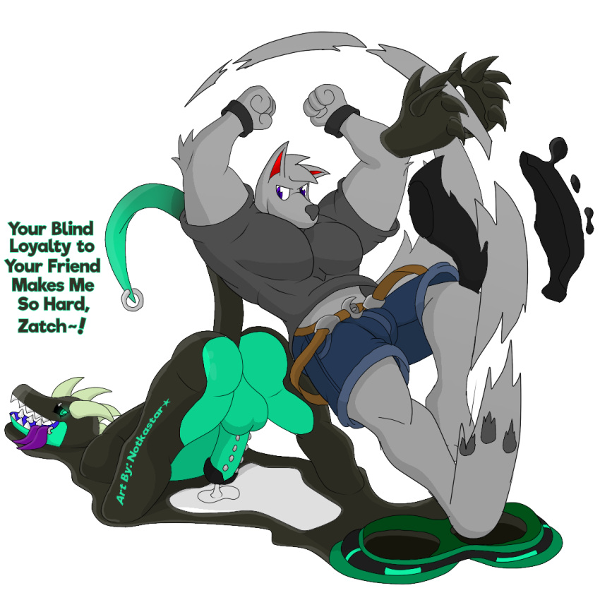 1:1 alpha_channel anthro axe_kick balls belt bottomwear breath canid canine canis clothing dragon duo english_text feet fight fur genitals goo_(disambiguation) hair horn jack_dragon_(character) male male/male mammal moon muscular notkastar nude pecs penis piercing shorts smile text tongue wolf zatch_(character)