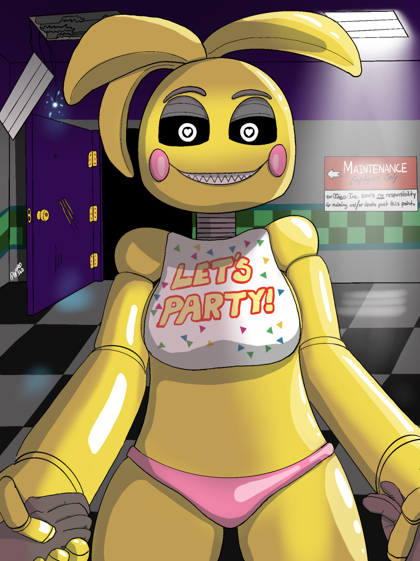 &lt;3 &lt;3_eyes 2021 3:4 animatronic anthro avian bib bird ceiling_lights chicken darkness door doorway duo electricity female five_nights_at_freddy's five_nights_at_freddy's_2 floor galliform gallus_(genus) hand_holding hi_res human human_pov leading looking_at_viewer lovetaste_chica machine male male/female mammal phasianid robot scratch_mark sharp_teeth smile smiling_at_viewer teeth tile tile_floor toy_chica_(fnaf) video_games warning_sign word360