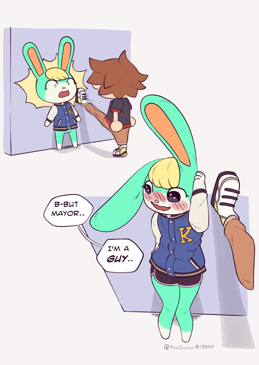 2021 absurd_res animal_crossing anthro blonde_hair blush brown_hair clothed clothing digital_media_(artwork) duo english_text fur green_body green_fur hair hi_res human jacket kabedon lagomorph leporid long_ears male mammal nintendo open_mouth r1zmy rabbit sasha_(animal_crossing) simple_background surprise text topwear video_games villager_(animal_crossing)