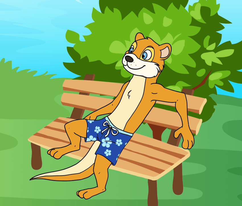 anthro bottomwear clothing hi_res kitsune2000 lutrine male mammal mustelid riverside shorts solo swimming swimming_trunks swimwear