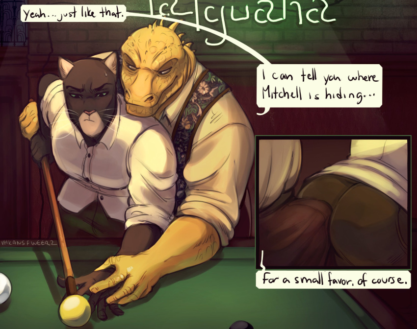 2021 anthro anthro_on_anthro ball bent_over big_bulge billiards blacksad bodily_fluids bottomwear bulge butt clothed clothing cutaway dialogue domestic_cat dress_shirt duo english_text erection erection_under_clothing eyebrows felid feline felis hand_holding hi_res holding_object humanoid_hands iguanid imminent_sex inside inviting john_blacksad lizard looking_at_another male male/male mammal muscular muscular_anthro muscular_male narrowed_eyes pants paulie_(blacksad) reptile scalie shirt sign signature smile standing sweat tenting text topwear vest vhkansfweer whiskers