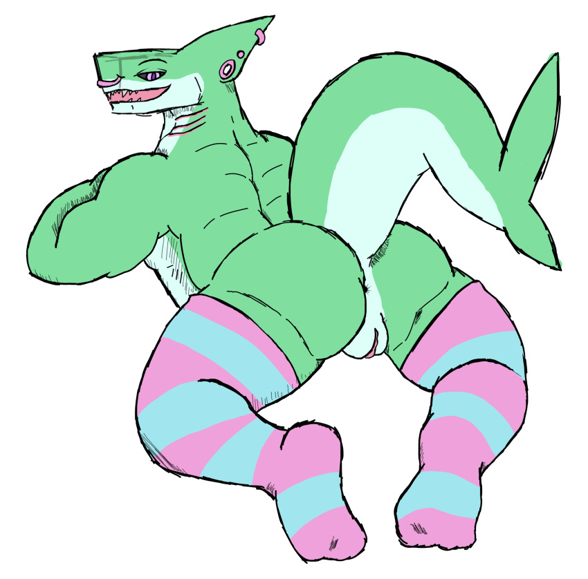 andromorph anthro anus butt clothing facial_piercing fin fish genitals gills green_body hi_res intersex legwear marine muscular nonbinary_(lore) nose_piercing piercing presenting presenting_anus presenting_hindquarters presenting_pussy pussy shark shark_tail simple_background solo stockings tourmaline_(shark) tourmaline_shark_(artist) white_background