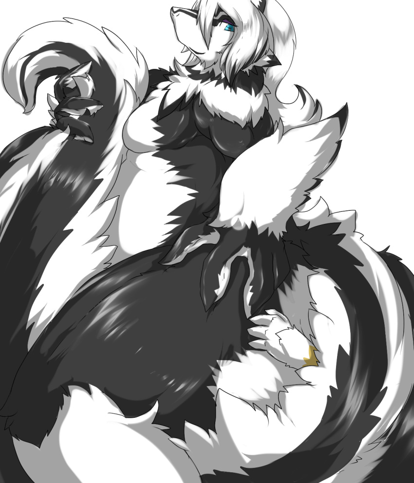 2015 ambiguous_gender anthro butt digital_media_(artwork) duo facesitting female female/ambiguous fluffy fluffy_tail fur hair hand_on_hip hi_res holding_tail larger_female long_hair long_tail mammal mephitid overweight overweight_female sakamata simple_background size_difference skunk smile smothering tail_between_legs thick_thighs trapped wide_hips