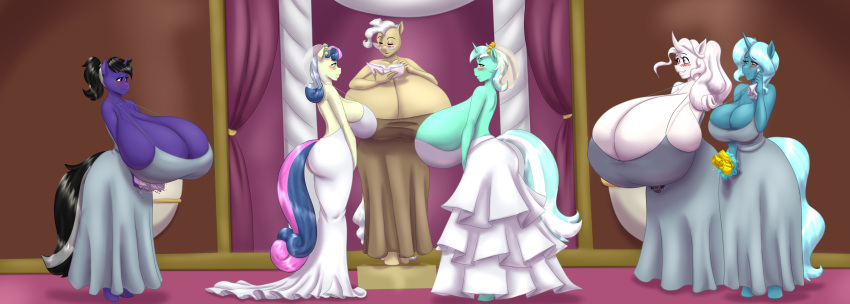 absurd_res anthro anthrofied big_breasts blues64 bonbon_(mlp) breast_size_difference breasts cleavage clothed clothing dress equid equine female friendship_is_magic group hi_res horn huge_breasts hyper hyper_breasts lyra_heartstrings_(mlp) mammal marauder6272 mature_female mayor_mare_(mlp) my_little_pony unicorn wedding wedding_dress