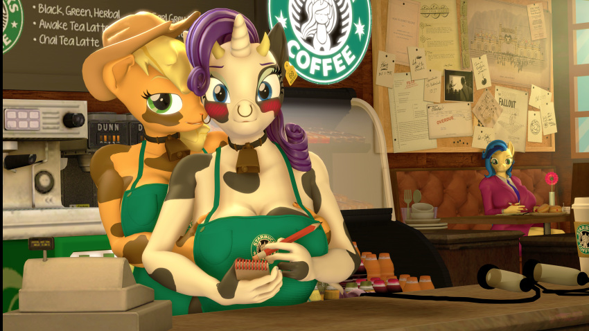 16:9 3d_(artwork) 4k 69_(number) absurd_res anthro anthrofied applejack_(mlp) apron bell big_breasts black_body black_fur blonde_hair blue_hair blush bovid bovine breasts cash_register cattle cleavage clothed clothing collar cowbell digital_media_(artwork) ear_tag english_text equid equine facial_piercing fan_character female female/female friendship_is_magic fur green_apron green_clothing green_eyes group hair hasbro hi_res horn horse hybrid i_mean_breast_milk long_hair looking_at_viewer mammal meme milky_way_(character) my_little_pony nose_piercing nose_ring notebook number numbered_ear_tag numbered_tag orange_body orange_fur pencil_(object) piercing pony purple_hair raricow_(mlp) rarity_(mlp) silkworm205 starbucks tag text trio unicorn white_body white_fur widescreen yellow_body yellow_fur