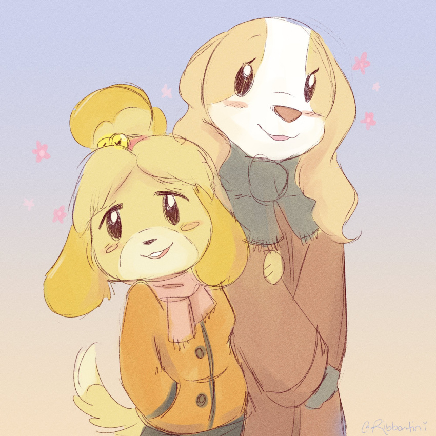 1:1 2021 aggressive_retsuko animal_crossing anthro borzoi canid canine canis clothed clothing coat digital_media_(artwork) domestic_dog duo female fully_clothed fur gradient_background hi_res hunting_dog inui_(aggressive_retsuko) isabelle_(animal_crossing) mammal nintendo ribbontini sanrio scarf shih_tzu sighthound simple_background smile topwear toy_dog video_games white_body white_fur yellow_body yellow_fur