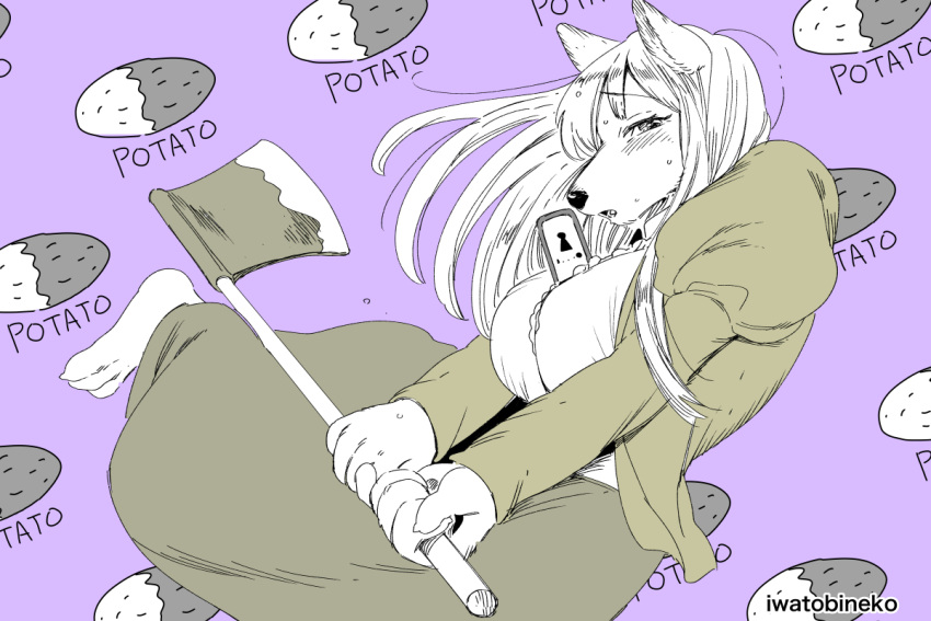 3:2 anthro axe barefoot big_breasts biped bodily_fluids borzoi breasts canid canine canis cellphone clothed clothing domestic_dog english_text feet female food fur hair holding_object holding_weapon hunting_dog iwawotobuneko kemofujin kemofujin_(comic) long_hair mammal melee_weapon phone plant potato purple_background sighthound signature simple_background smartphone solo sweat text vegetable weapon white_body white_fur white_hair