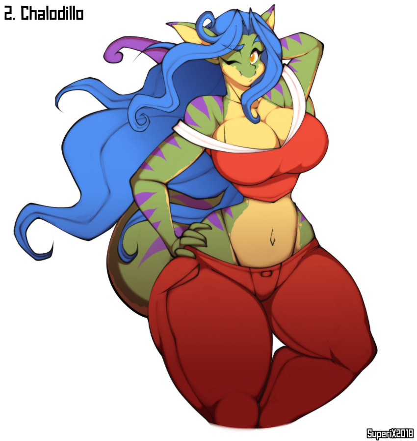 2018 absurd_res anthro artist_name big_breasts blue_hair bottomwear breasts cleavage clothed clothing crop_top curvy_figure denim denim_clothing digital_media_(artwork) eyelashes fangs female fingers gecko geecku green_body green_scales hair hand_behind_head hand_on_hip hi_res hourglass_figure huge_breasts jeans las_lindas lizard long_hair looking_at_viewer midriff multicolored_body multicolored_scales navel one_eye_closed pants purple_body purple_scales purple_stripes reptile scales scalie shirt simple_background smile solo striped_body striped_scales stripes superix tan_body tan_scales teeth thick_thighs thong topwear underwear voluptuous webcomic white_background wide_hips wink winking_at_viewer yellow_eyes