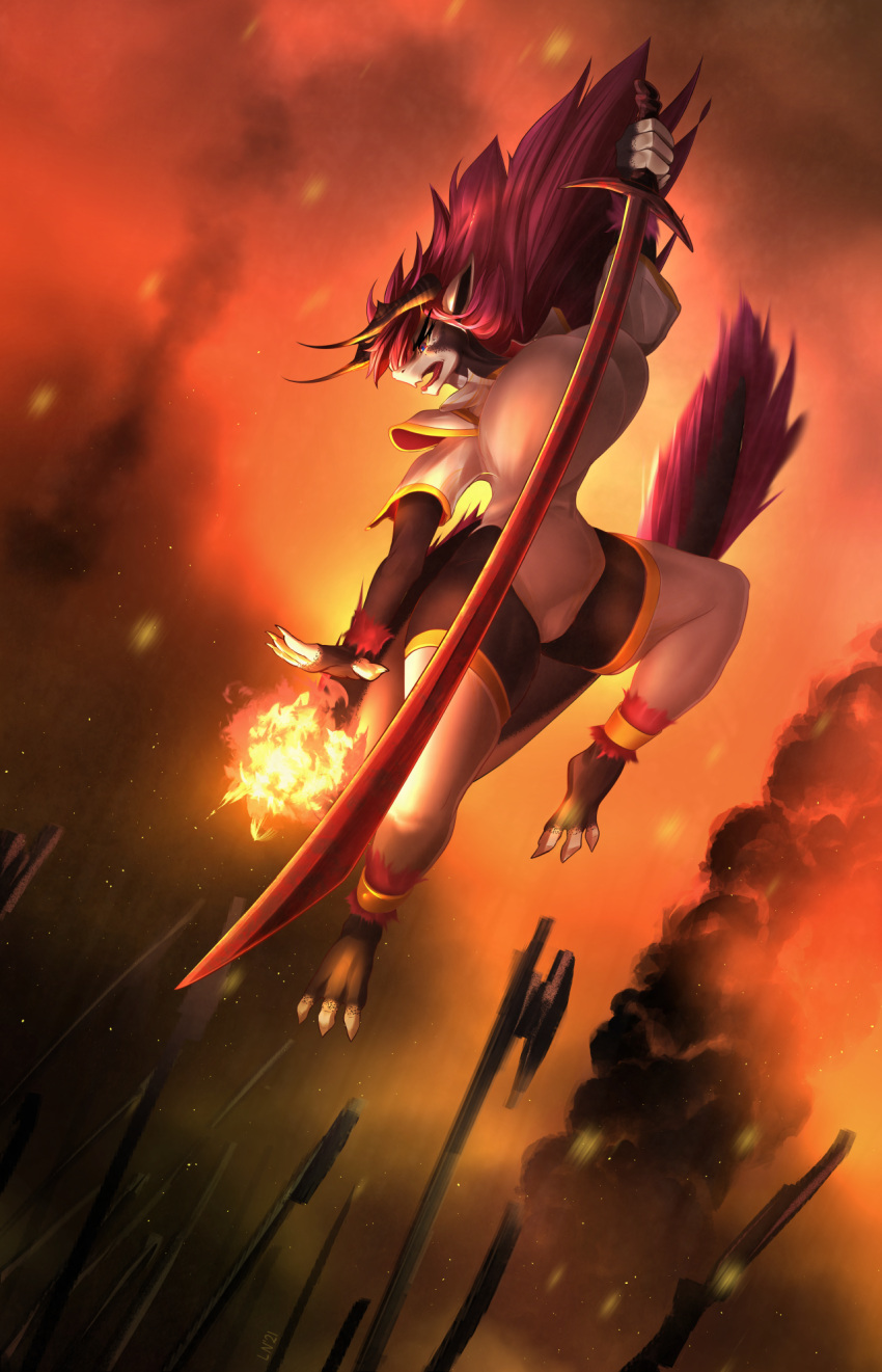 2021 3_toes action_pose anthro big_breasts breasts dragon elizabeth_(girlsay) feet female fire hair hi_res holding_object holding_sword holding_weapon horn littlenapoleon magic melee_weapon open_mouth pose red_hair smoke solo sword toes weapon wide_hips