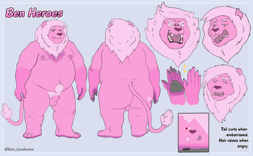 2021 absurd_res anthro belly butt english_text eyes_closed felid genitals hi_res humanoid_genitalia humanoid_hands humanoid_penis lion male mammal model_sheet moobs multiple_poses nipples overweight overweight_male pantherine penis pink_body pose sato_afroleone solo text